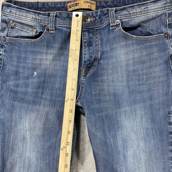 Seven7 Jeans Womens 34x28 Blue Denim Straight Fit Faded Whiskered Distressed - Picture 3 of 14